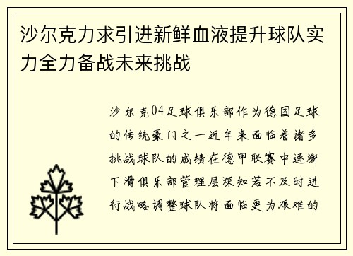 沙尔克力求引进新鲜血液提升球队实力全力备战未来挑战