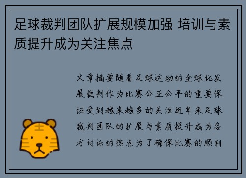 足球裁判团队扩展规模加强 培训与素质提升成为关注焦点