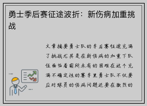 勇士季后赛征途波折：新伤病加重挑战