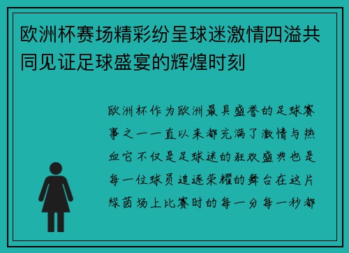 欧洲杯赛场精彩纷呈球迷激情四溢共同见证足球盛宴的辉煌时刻