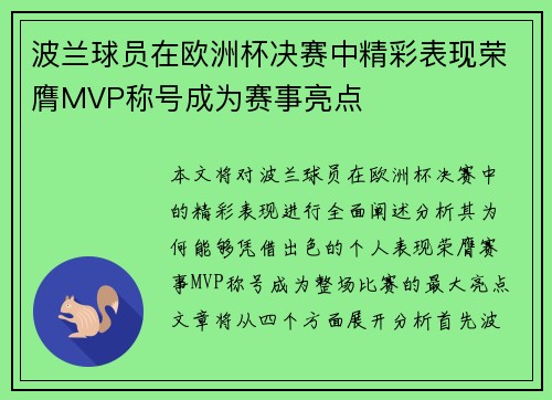 波兰球员在欧洲杯决赛中精彩表现荣膺MVP称号成为赛事亮点
