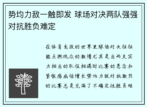 势均力敌一触即发 球场对决两队强强对抗胜负难定